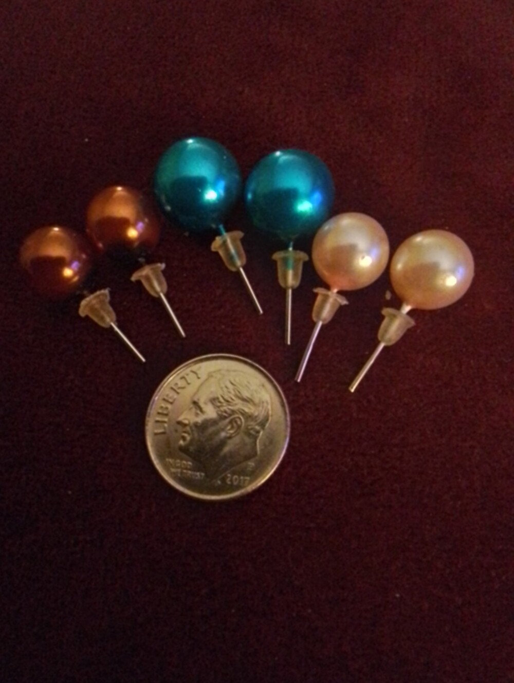 Assorted Pearl Earrings in Teal, Copper & Light Pink